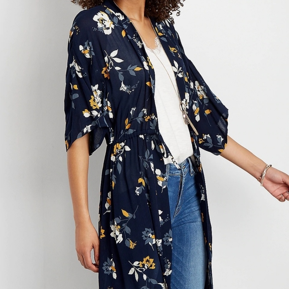 Floral kimono with drawstring waist
